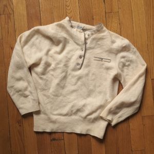 Vintage beige knit henley pullover with blue contrast trim